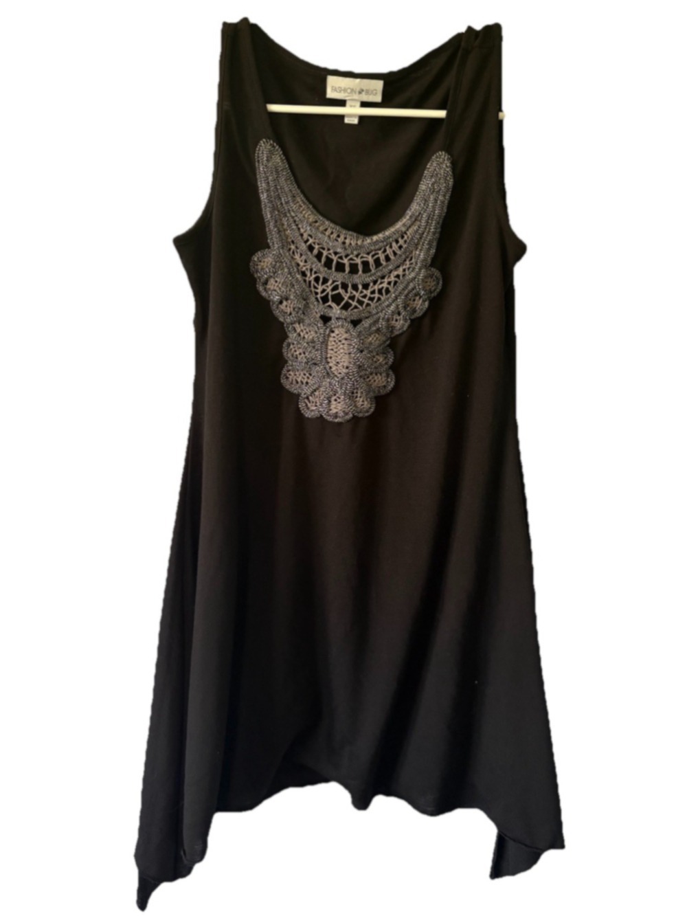 Fashion Bug Tank Top Womens XS Black Crochet Bib Neck Knit Hanky Hem Whimsigoth - Picture 1 of 5
